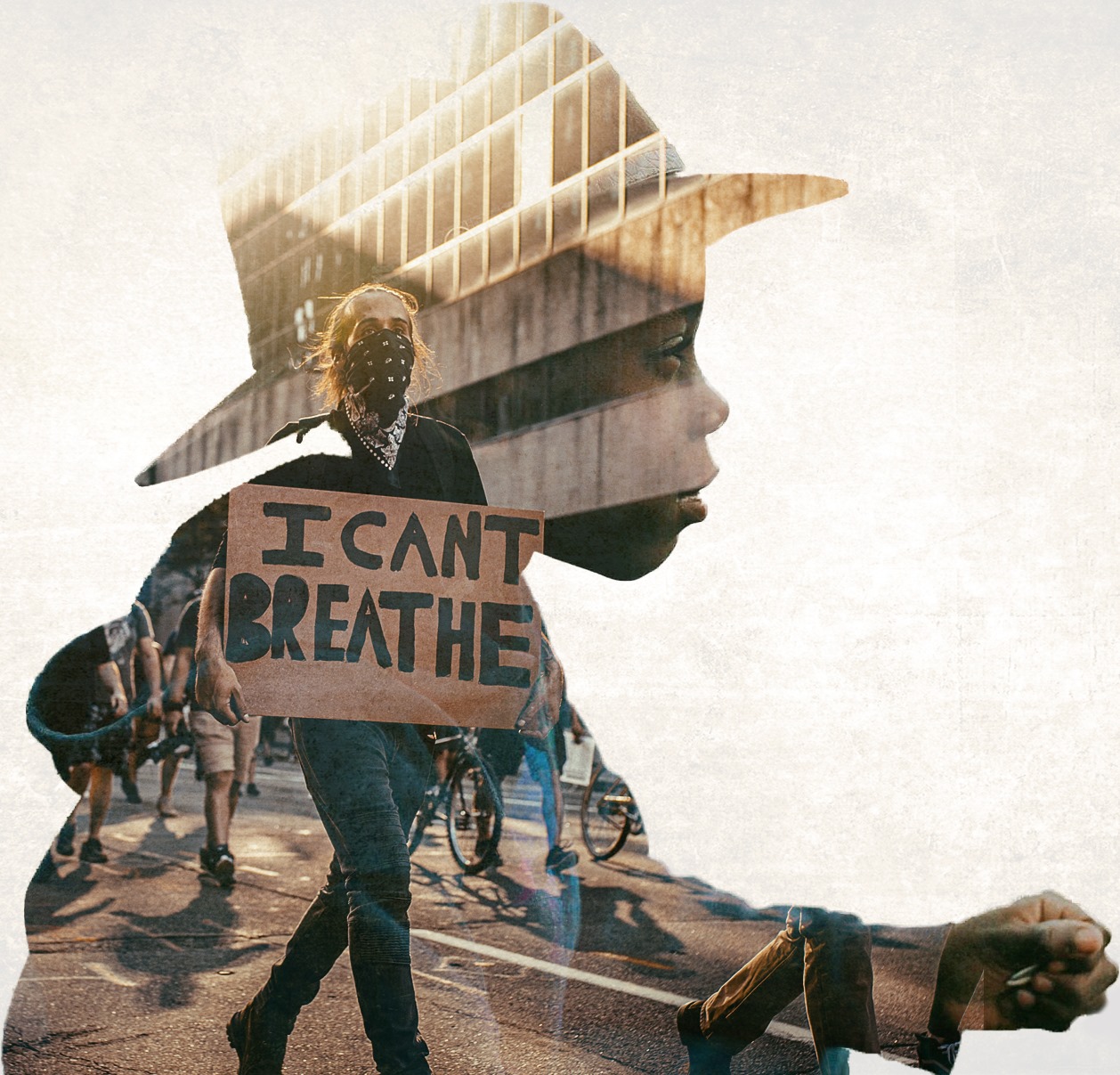 I can't breathe double exposure image of a black boy with a peaceful demonstrator with a sign that says "I can't breathe"